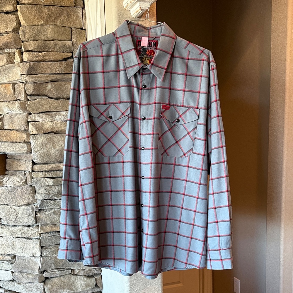 Dixon Flannel Smoke Eater red and grey button down. 2XL